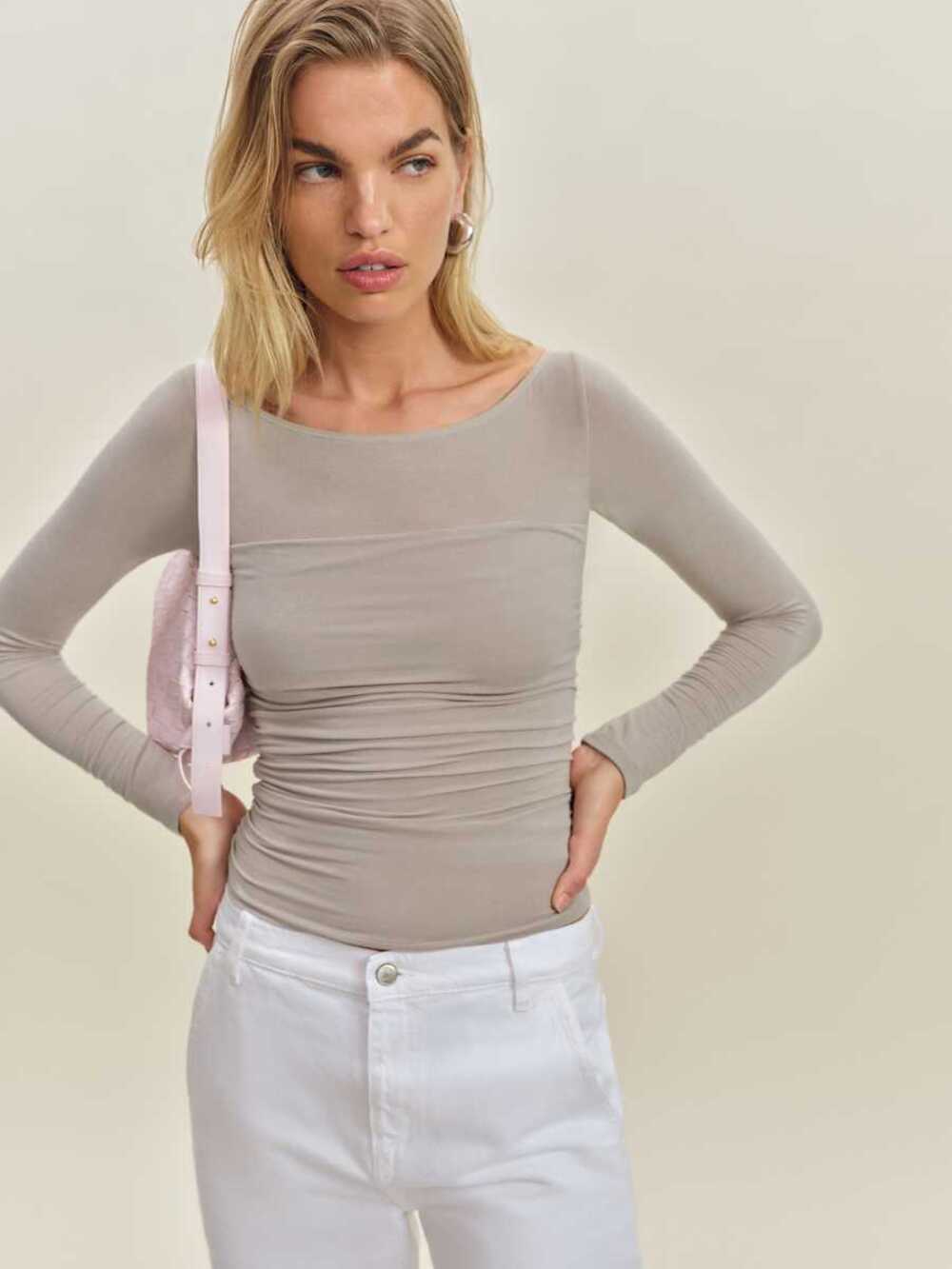 Reformation Julian Knit Top Rock Taupe Off Shoulder Ruched S